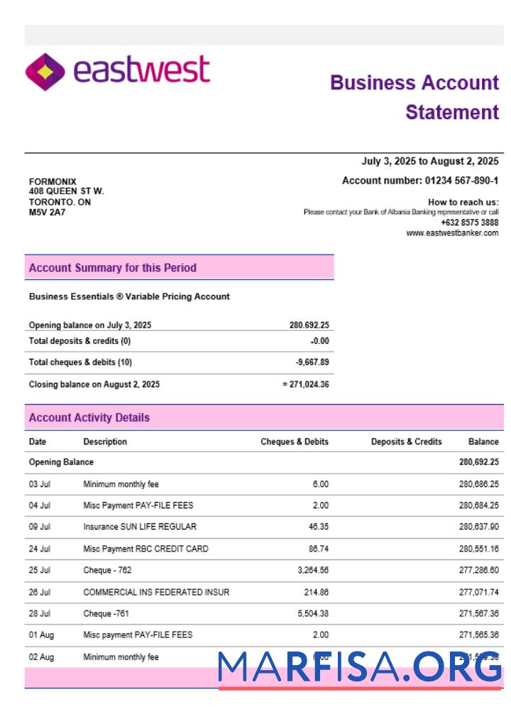 Printable EastWest business firm account statement Word snd PDF format template